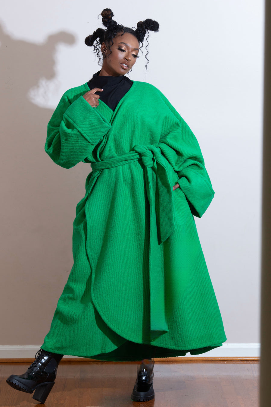JIBRI Plus Size Green Wave  Wool Coat