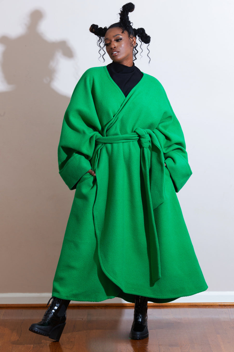 JIBRI Plus Size Green Wave  Wool Coat