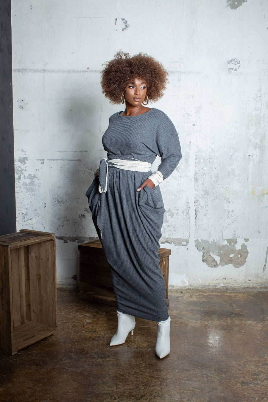 Long Sleeve Sweater Slouch Maxi Dress (Gray)