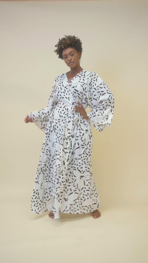 Black/White Silk Brush Stroke Dressing Gown