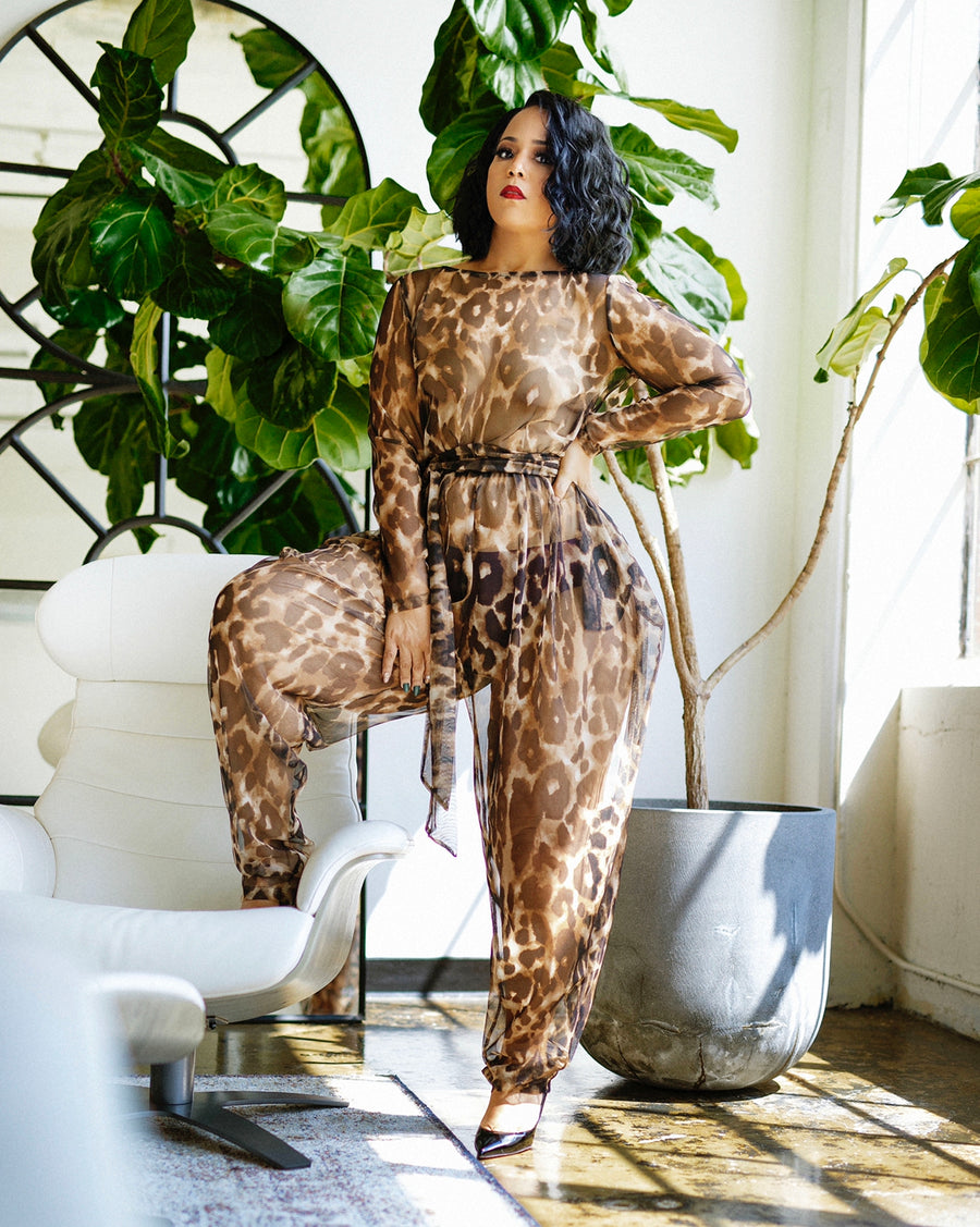 Long Sleeved Sheer Leopard Jumpsuit- Jibri – Jibri Online