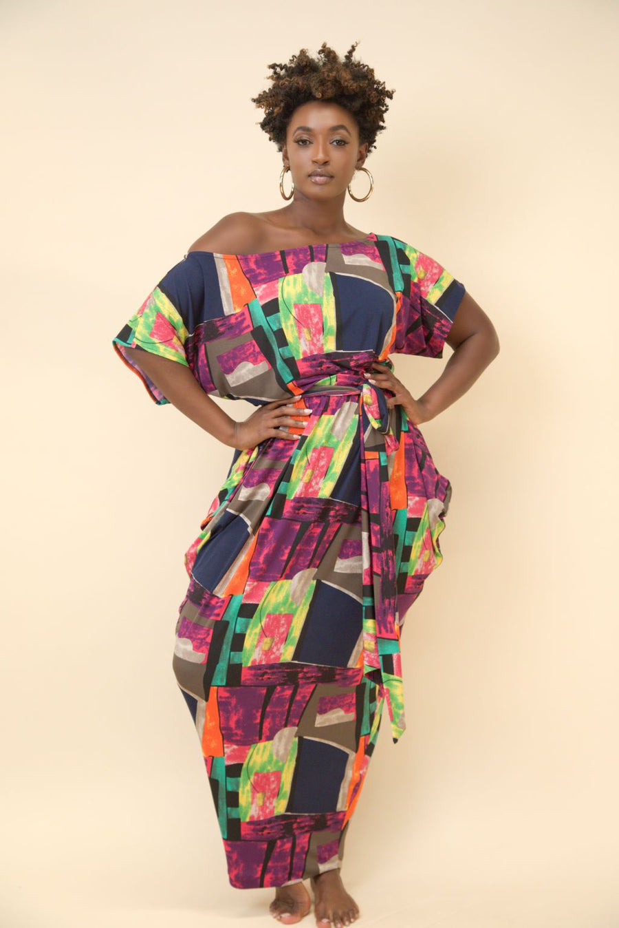Multicolor Print Off Shoulder Maxi Dress