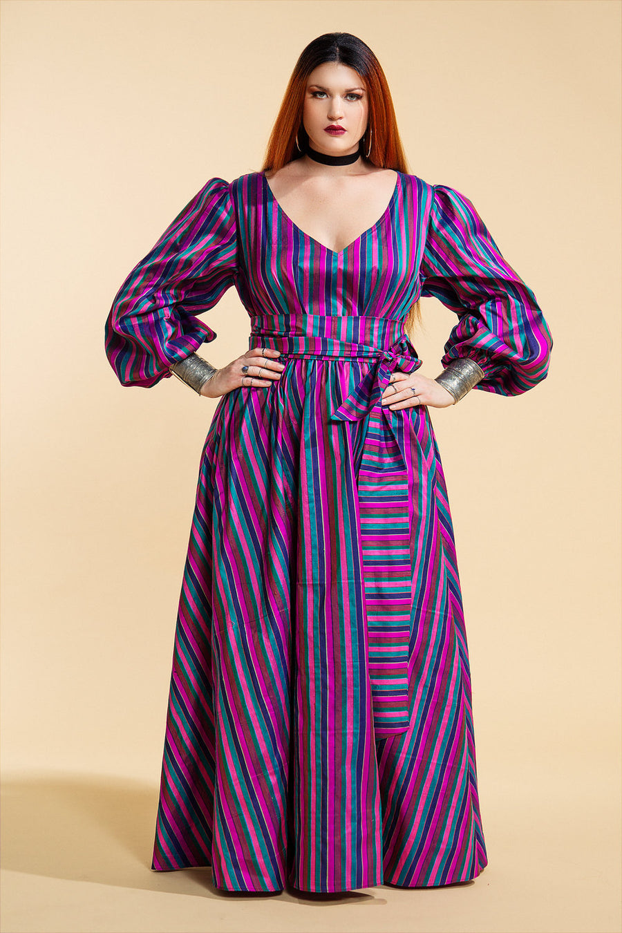 Full Sleeved V Neck Striped Silk Maxi Dress- JIBRI