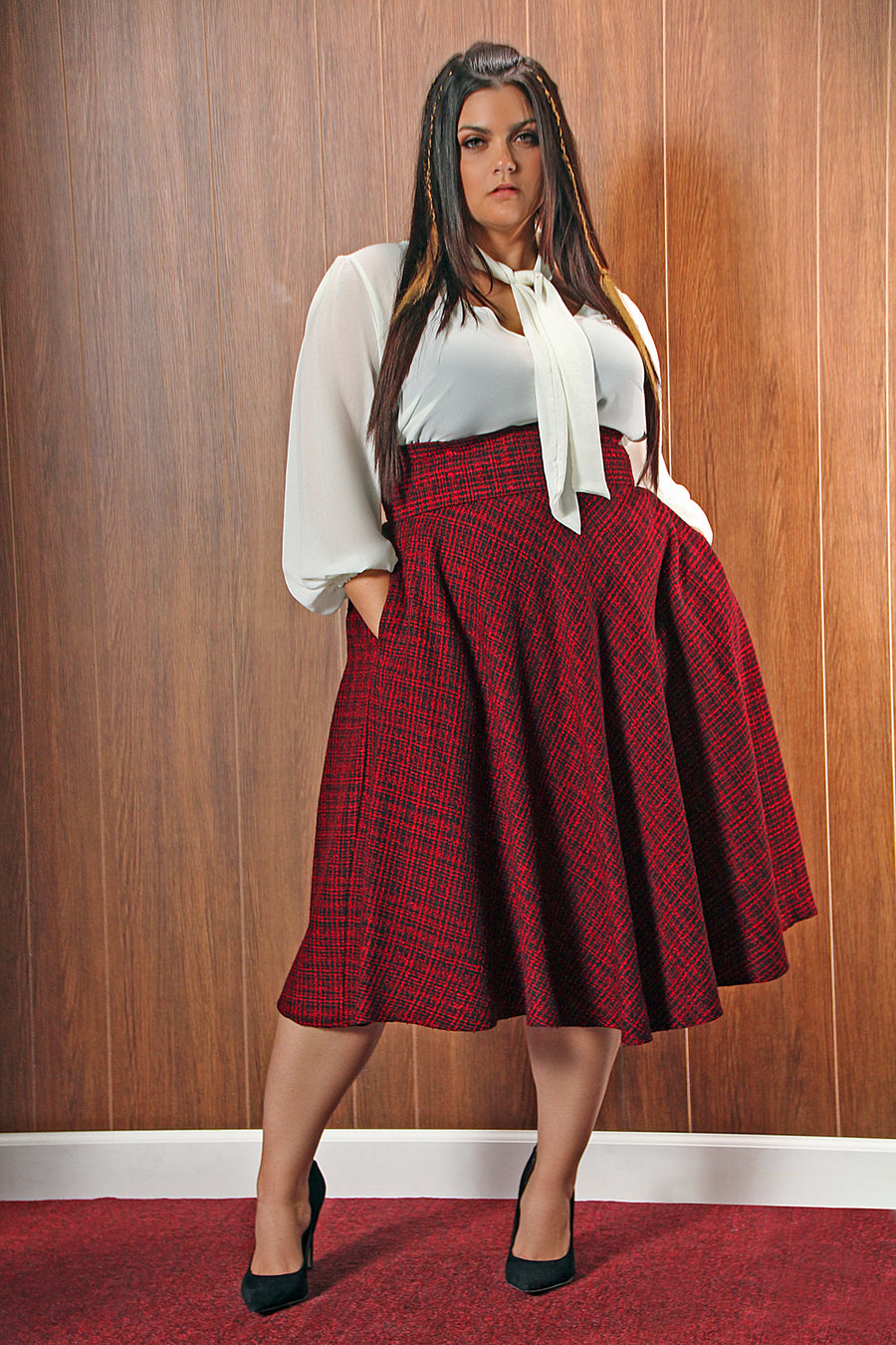 (Sample) High Waist Red/Black Tweed Swing Skirt (Mini)- JIBRI
