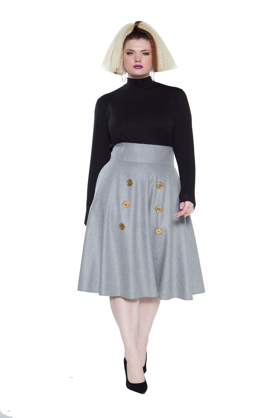 High Waist Wool Swing Midi Skirt w Button Detail- JIBRI