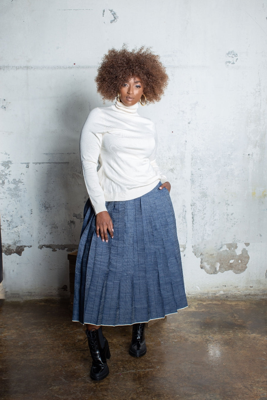 JIBRI High Waist Selvage Denim Pleated Midi Skirt