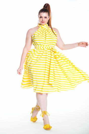 Yellow/White Striped Sleeveless Flare Dress- JIBRI